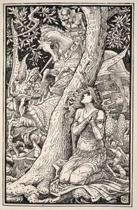 Skräckslagen från vettet, hukade han flämtande på marken, illustration från "Mrs Burton Harrisons Folk and Fairy Tales", 1885 av Walter Crane